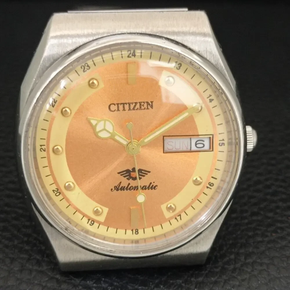 Vintage 1978 Citizen Automatic Mens Silver Watch W/daydate & Brown accents